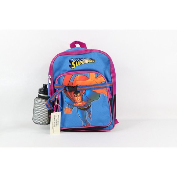 NOS Vtg 90s Superman Spell Out Mini Backpack Book Bag w Water Bottle Kids Blue